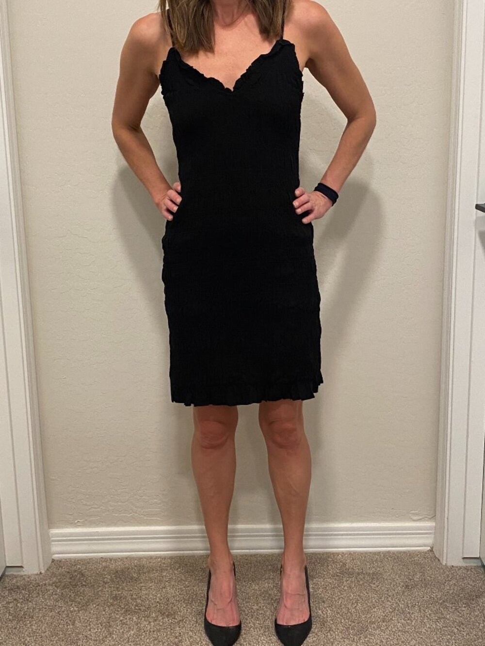 H&M Black Smocked Bodycon Mini Dress M | Stretchy Ruched Cami Slip Dress - Picture 2 of 9
